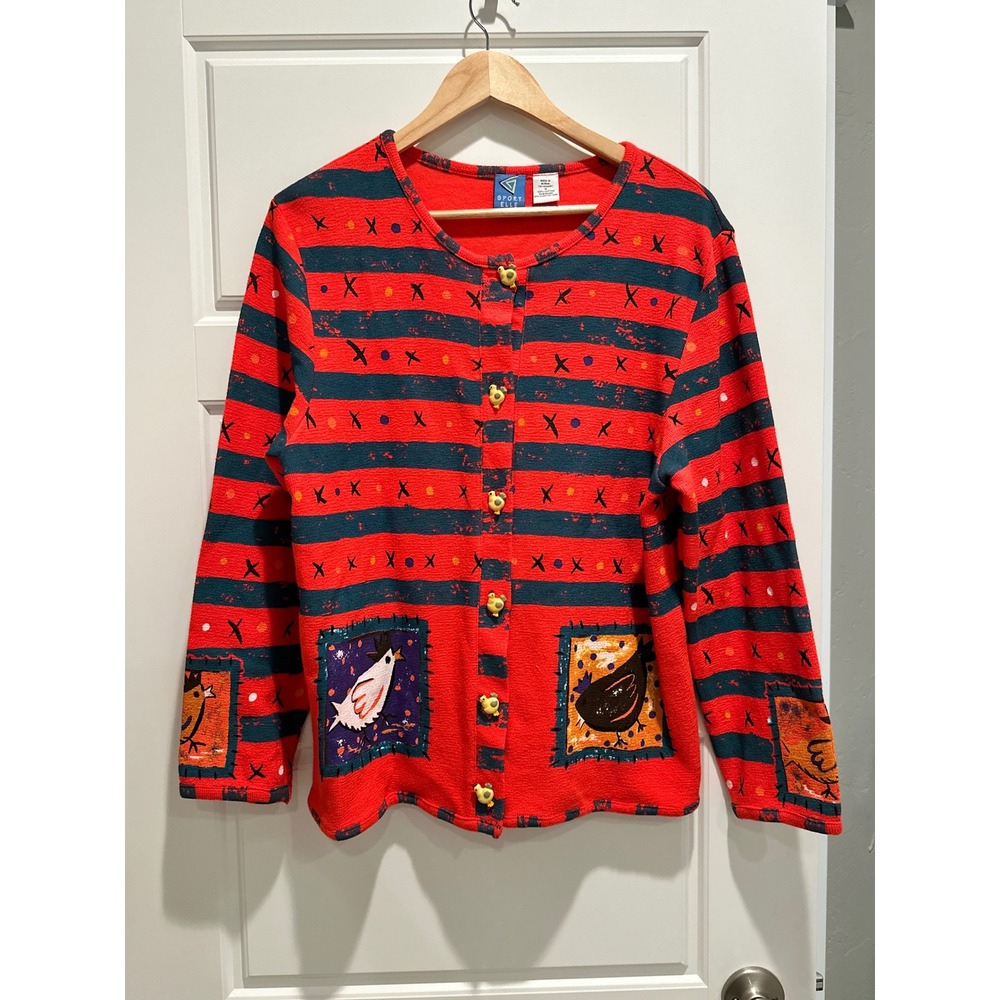 Vintage 90s Sport Elle Chicken Button Cardigan Folk Art Farmhouse Cotton Medium